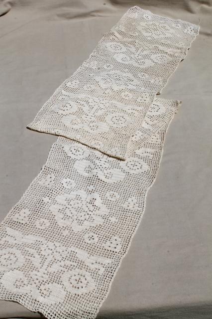 old antique heavy cotton crochet lace, wide insertion or border trim w/ art nouveau motifs