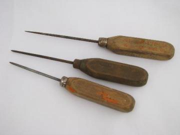 old antique ice picks, vintage kitchen ice box tools, worn & primitive