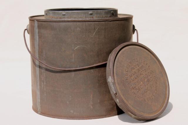 old antique metal bucket, bail handle pail tin can w/ lid, 1880s embossed date