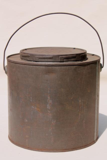 old antique metal bucket, bail handle pail tin can w/ lid, 1880s embossed date