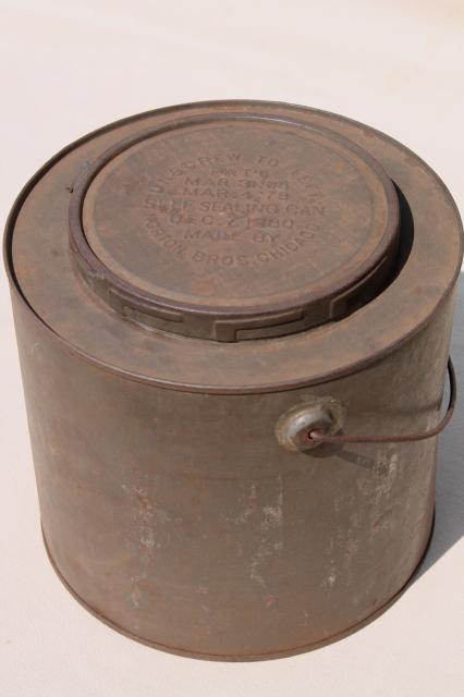 old antique metal bucket, bail handle pail tin can w/ lid, 1880s embossed date