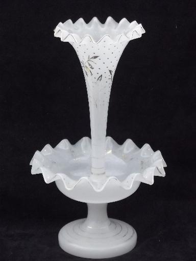 old antique opalescent white glass epergne center horn vase flower bowl