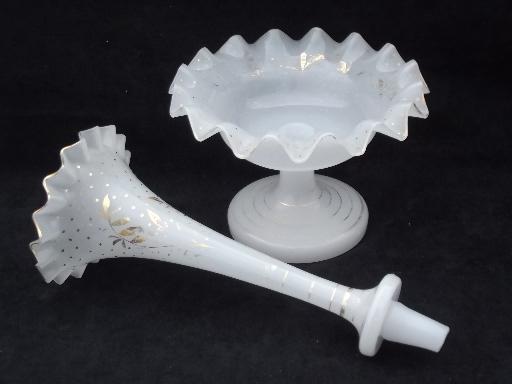 old antique opalescent white glass epergne center horn vase flower bowl
