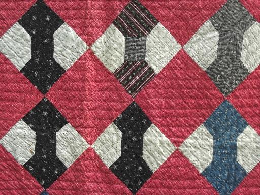 old antique patchwork quilts in barn red & yellow, bow-tie & nine patch quilt