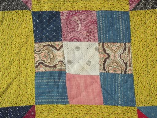 old antique patchwork quilts in barn red & yellow, bow-tie & nine patch quilt