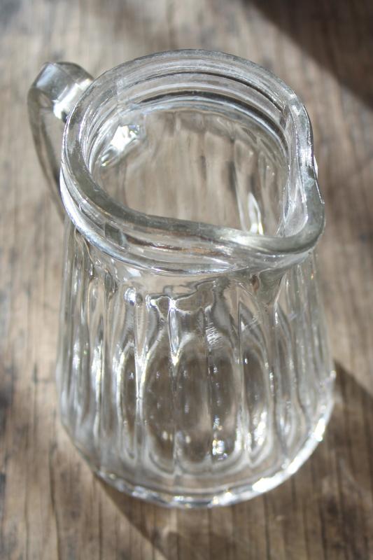 old antique pressed glass syrup pitcher, heavy rib paneled pattern glass