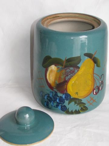 old antique stoneware pottery cookie jar crock, hand-painted vintage yellow ware