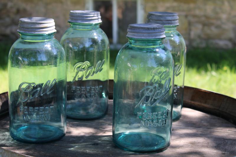 old aqua blue glass canning / canister jars, vintage Ball two quart mason jars w/ zinc lids