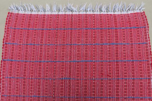 old barn red & indigo blue woven striped cotton rag rug, vintage kitchen door mat