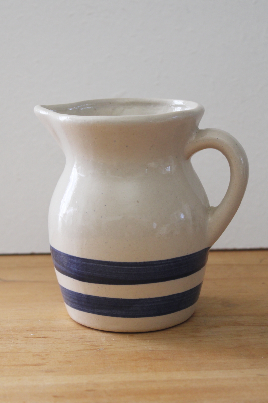 old blue banded stoneware milk jug, small pitcher Robinson Ransbottom pottery Roseville Ohio