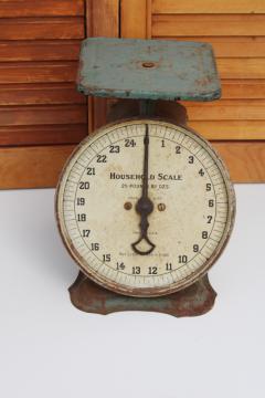 old blue green paint Household kitchen scale w/ 1907 patent date, vintage farmhouse decor