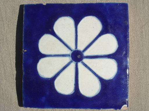 old blue & white  tiles, vintage cobalt blue flowered terracotta pottery tiles