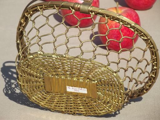 old brass basket full of autumn apples, rustic fruit centerpiece for fall 