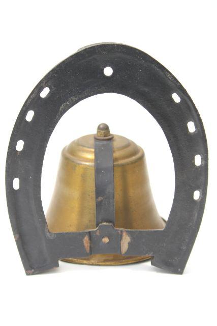 old brass bell w/ iron horseshoe hanger, cowboy dinner bell, Texas western ranch style