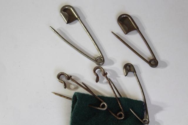 old brass horse blanket pins, huge safety pin style fasteners for kilts & blankets