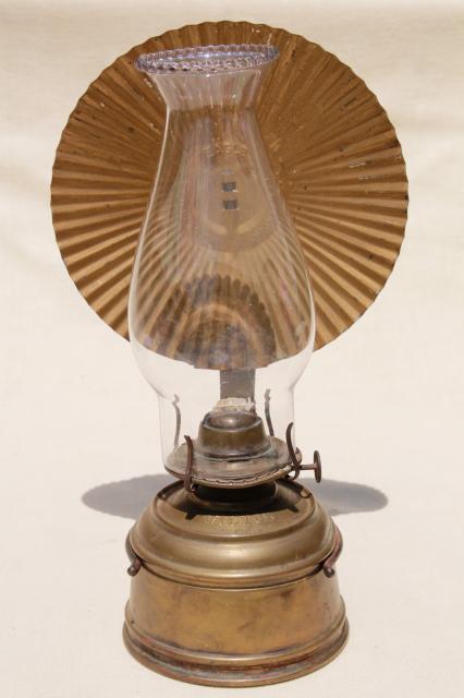 old brass oil lamp wall mount kerosene light w/ tin reflector and glass chimney