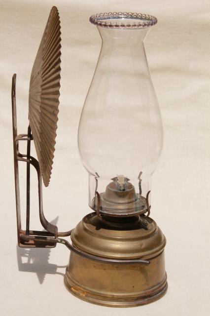 old brass oil lamp wall mount kerosene light w/ tin reflector and glass chimney