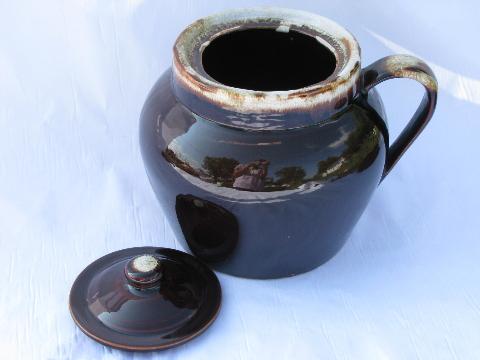 old brown drip stoneware bean pot w/ cover, oven proof pottery baker