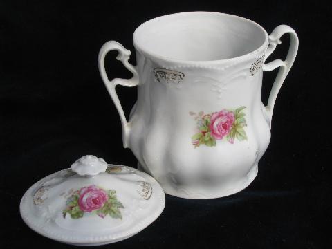old cabbage roses pattern antique vintage china biscuit or sugar cube jar