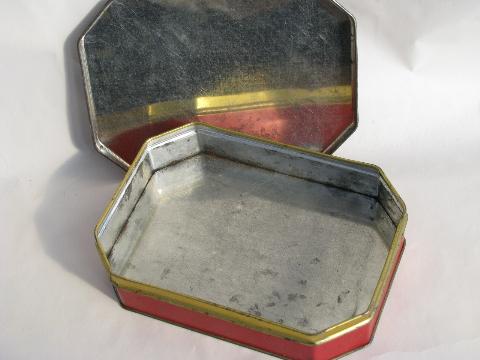 old candy tin w/ English village cottages, vintage toffee box, England