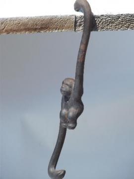 old cast iron figural monkey hanging hook coat hanger, vintage Japan