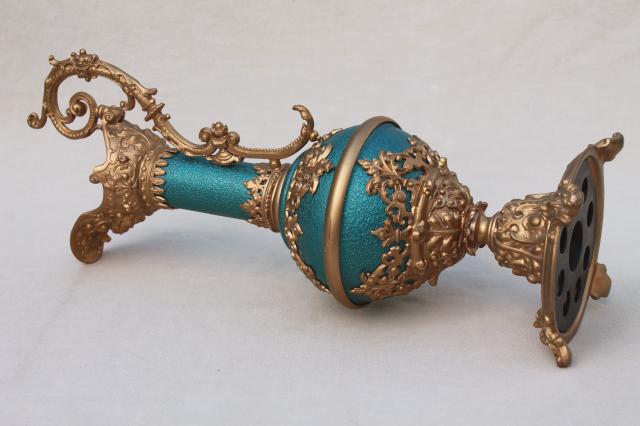 old cast metal spelter lamp base, decorative urn pitcher in blue enamel & gold