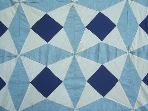 old chambray blue cotton windmill star patchwork quilt top, 40s vintage