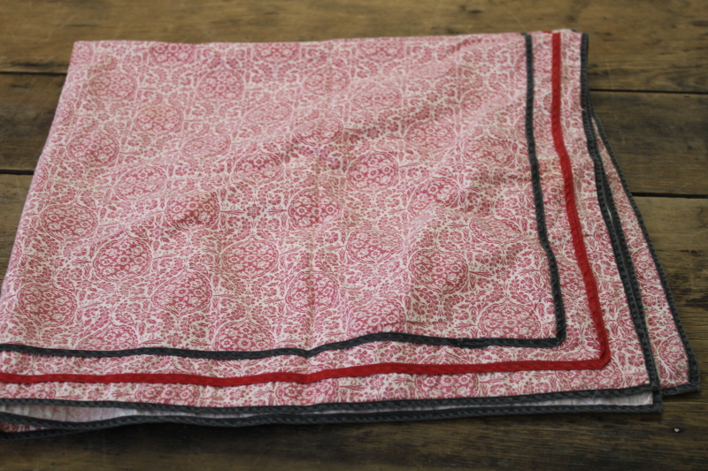 old cotton feed sack tablecloth from farmhouse kitchen, barn red  white print fabric