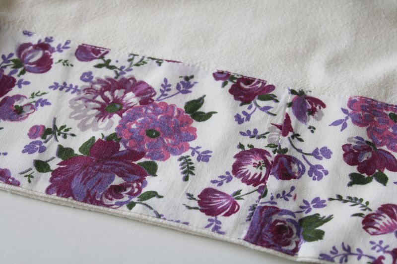 old cotton flour sack pillowcases w/ lavender floral fabric border, cottage vintage bedding