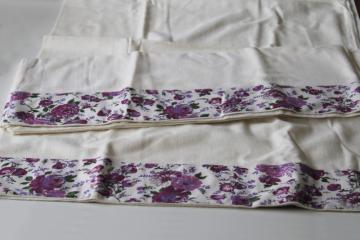 old cotton flour sack pillowcases w/ lavender floral fabric border, cottage vintage bedding