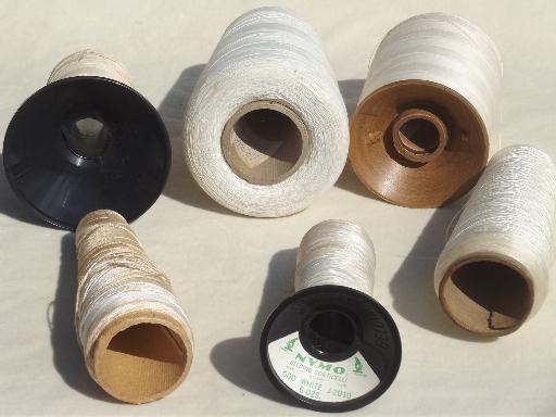 old cotton & linen thread spools, grubby antique vintage thread cones lot
