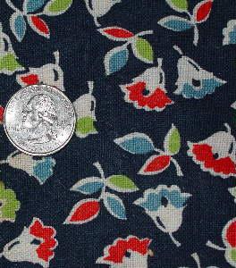old cotton print feed sack fabric, navy w/ flowers