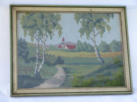 old country little church in the woods, framed vintage needlepoint picture