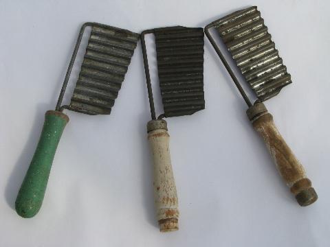 old crinkle cutter potato slicers, vintage wood handled kitchen utensils