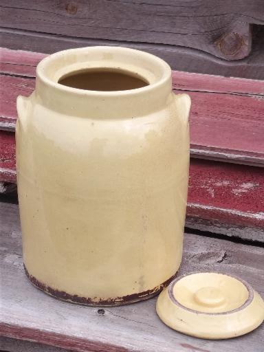 old crock pottery cookie jar or kitchen canister, vintage yellow ware