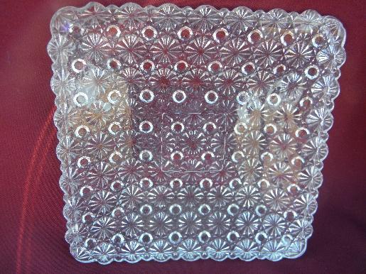 old daisy and button pattern pressed glass, crystal color square plate