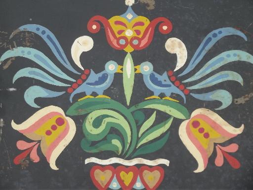 old distlefink folk art hand-painted metal tray, blue birds & tulips