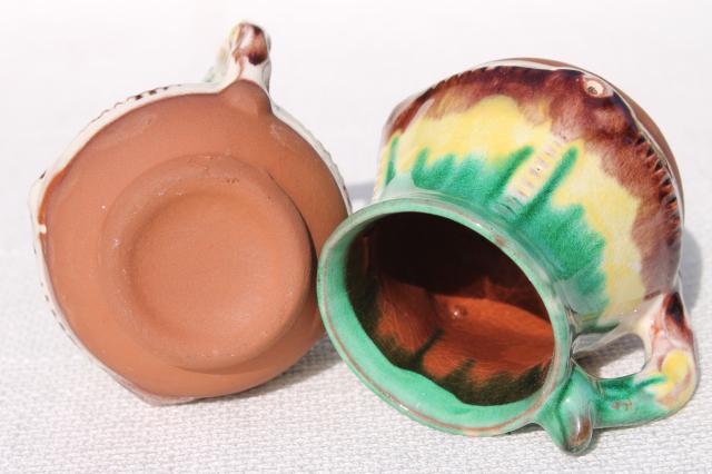 old egg & spinach glaze spatterware pottery coffee pot & cups, terracotta clay