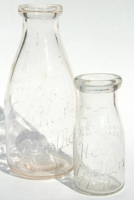 old embossed glass milk bottles, Hey Brothers big & baby brother bottle, 1940s vintage