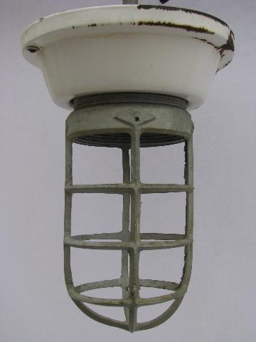 old enamel fixture cage light, huge vintage industrial lighting lamp