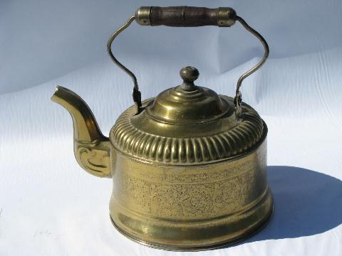 old etched brass tea kettle, teakettle w/ wood handle, vintage England?