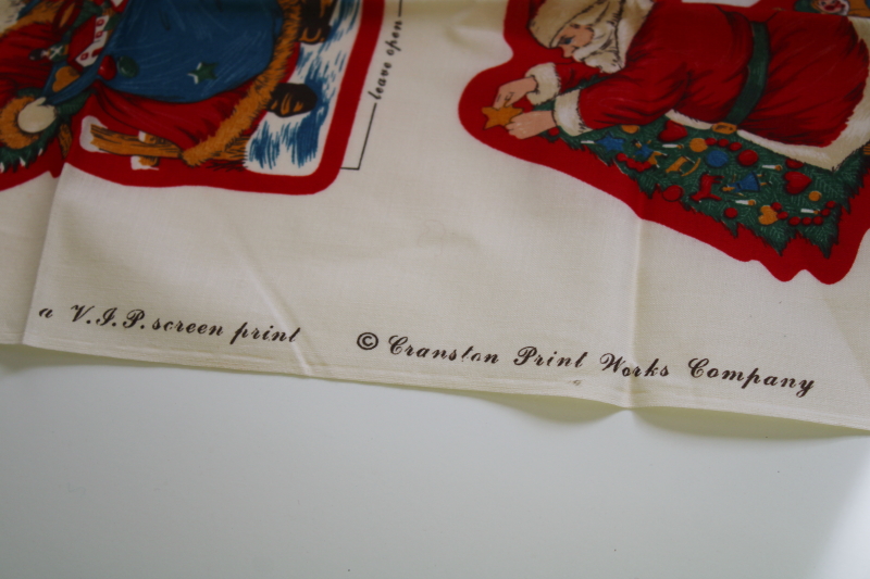 old fashioned Santa dolls soft ornaments to cut and sew, vintage VIP Cranston print cotton fabric panel