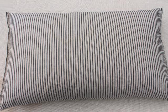 old feather pillow w/ indigo blue striped cotton ticking, rustic primitive country farmhous
