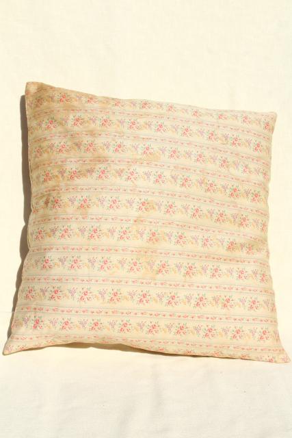 old feather pillow, square seat cushion, grubby vintage flowered ticking fabric