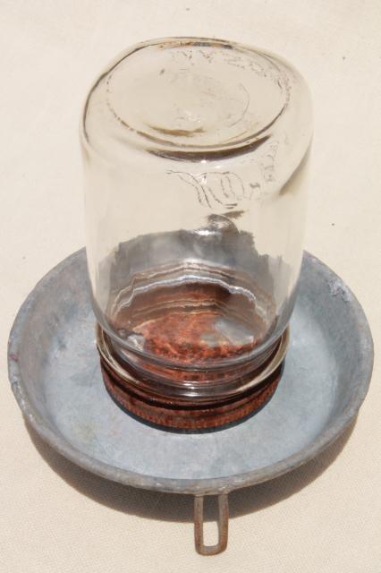 old galvanized zinc farm chick waterer, chicken drinking fountain w/ glass mason jar
