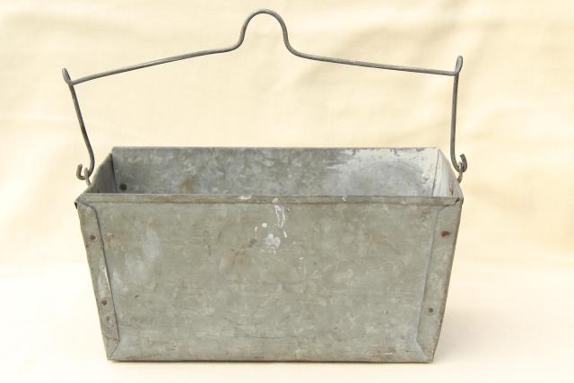 old galvanized zinc metal tool tote box w/ wire handle, rustic primitive vintage patina