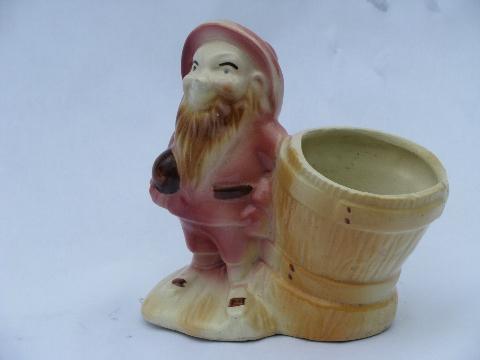 old garden gnome vintage pottery planter, dwarf w/ hat & flower pot