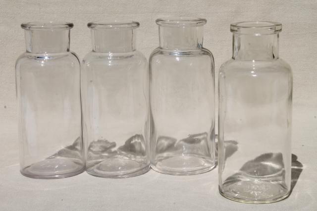 old glass apothecary bottles, vintage clear glass jars lot, bottle canisters or vases