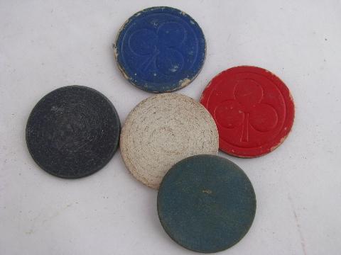 old glass canister jar of vintage poker chips, red, white & blue