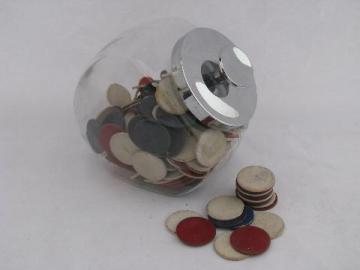 old glass canister jar of vintage poker chips, red, white & blue
